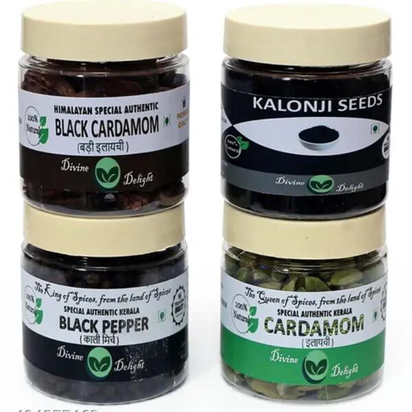 SPICES COMBO PACK - GREEN CARDAMOM, KALONJI, BLACK CARDAMOM, BLACK PEPPER - 25 G EACH (100 G)
