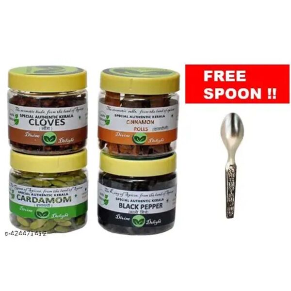 WHOLE SPICES COMBO PACK - CARDAMOM, BLACK PEPPER, CLOVES, CINNAMON ROLLS 25 G EACH - (100 G) WITH SPOON FREE!!