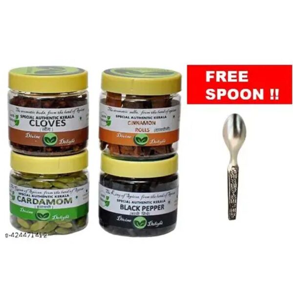 WHOLE SPICES COMBO PACK - CARDAMOM, BLACK PEPPER, CLOVES, CINNAMON ROLLS 25 G EACH - (100 G) WITH SPOON FREE!!